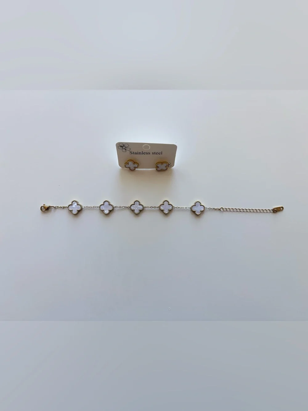 Gold Clover Bracelet & Stud Earrings Set